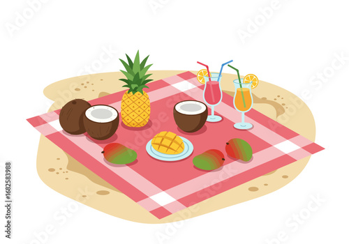 Beach picnic a checkered blanket with fruit cocktails coconuts mangos  a pineapple