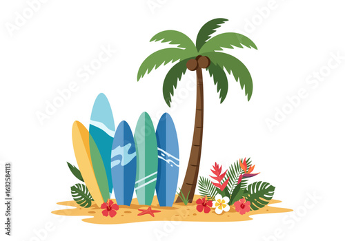 Beach scene surfboards palm tree flowers on sand