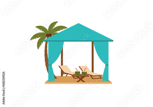 Beach scene with palm cabana loungers table  coconuts