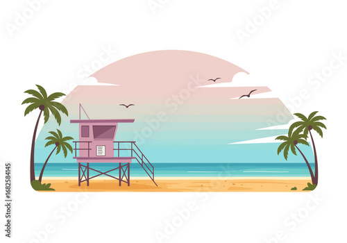Beach scene with a pink lifeguard tower palm trees and birds against a sunsetcolored sky