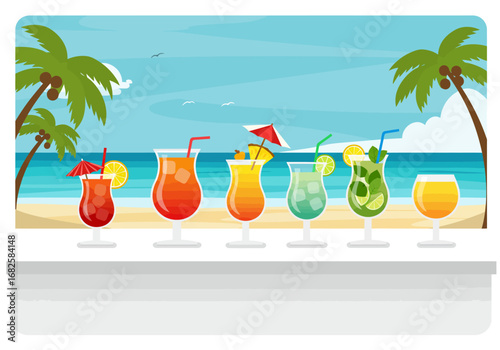 Beach scene with row of colorful cocktails on bar palm trees backdrop