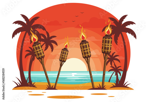 Beach scene with torches Sunset palm trees ocean