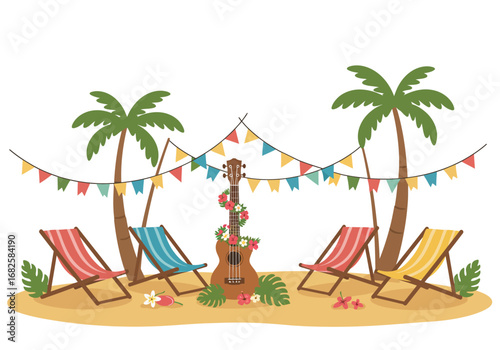 Beach scene with ukulele chairs palms  bunting