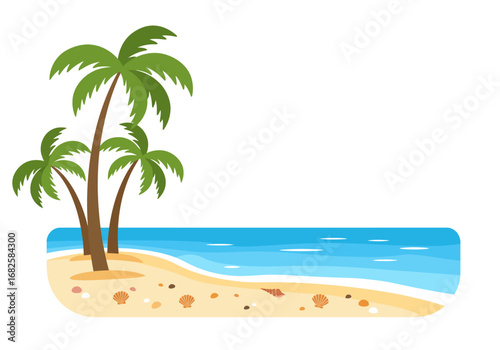Cartoon beach scene Three palm trees on sandy shore with shells near blue water and white waves