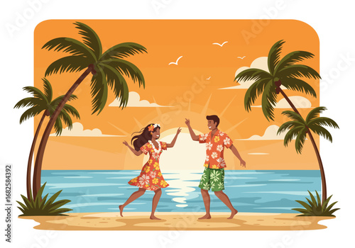 Couple dances on a tropical beach at sunset amidst palm trees and birds