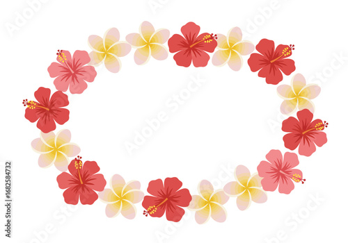 Oval arrangement of plumeria and hibiscus blossoms with a palette of white yellow and red