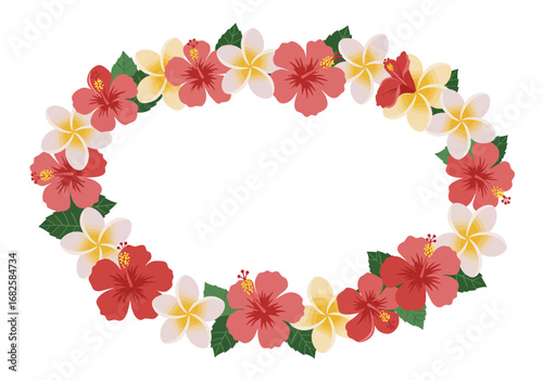 Oval frame with pink hibiscus and white plumeria flowers with green leaves