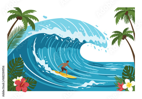 Surfer rides big wave amidst tropical foliage  palm trees