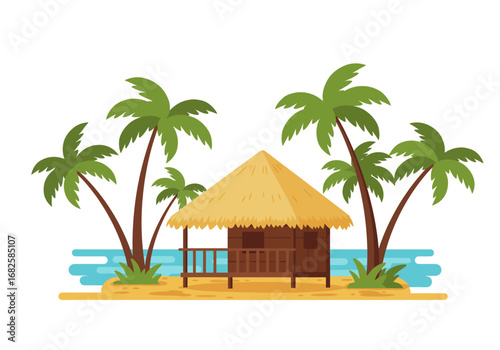 Thatched hut on sandy shore with palm trees and blue water