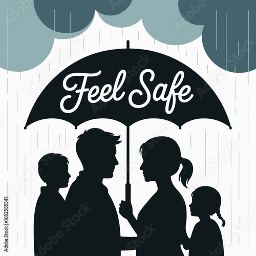 Family protected under a large umbrella from rain and storm clouds feeling safe and secure together