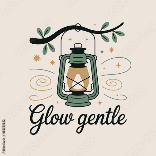Vintage kerosene lantern hanging from a tree branch with gentle glow and decorative swirls evoking a cozy and nostalgic atmosphere
