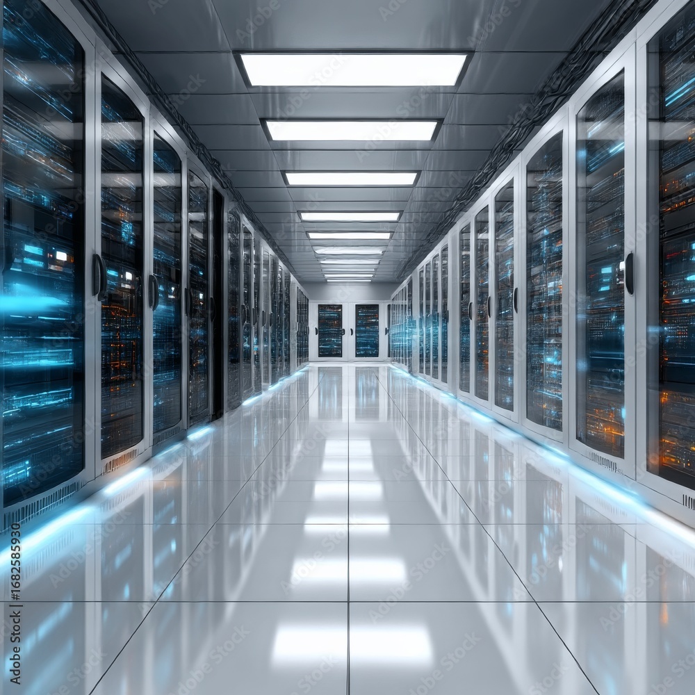 Fototapeta premium close up A hyper-realistic 8K photograph of a young blond-haired man seed 2701856359 standing in a futuristic data center, and close light dressed in a dark blue suit and light blue shirt. He is facin