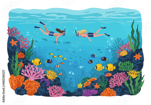 Two snorkelers swim in a vibrant coral reef teeming with fish and colorful marine life