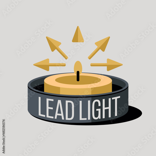 A lit candle with the words lead light on its holder symbolizing guidance and illumination with radiating light beams and arrows indicating direction