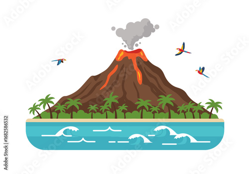 Volcano island with lava palms parrots  ocean waves
