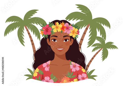 Hawaii Woman in floral lei  shirt stands amidst palm trees