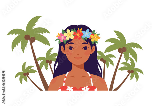 Woman in floral lei with palm trees background