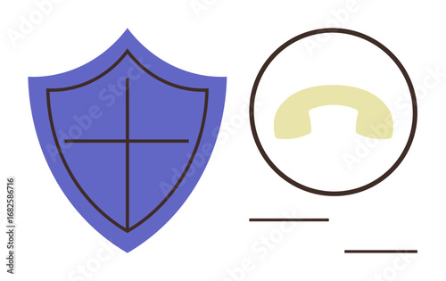 Blue security shield with cross design next to a phone icon in a circular layout and lines. Ideal for cybersecurity, customer support, data protection, fraud prevention, help desk, antivirus, simple