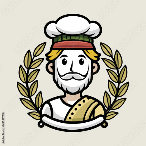 Elegant Greek Gyro Chef Logo with Olive Wreath Hat – Mediterranean Food Vector Icon for Restaurant Branding and Culinary Identity