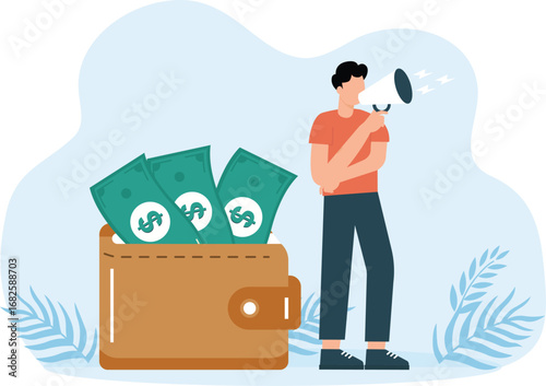 Successful man holds megaphone or loudspeaker and shows wallet containing cash bills and coins. Refer a friend or referral marketing, loyalty program.
