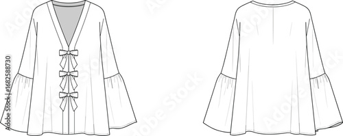 Boho kimono top flat sketch, loose fit blouse design, sleeve detail fashion CAD, bow tie front top illustration