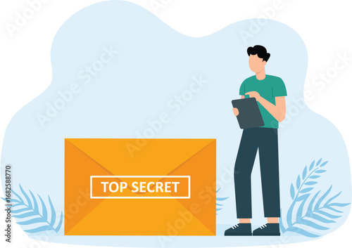 Man hands over secret documents in briefcase and receives letter envelope of money in return. Confidential information and safe and seal files concept
