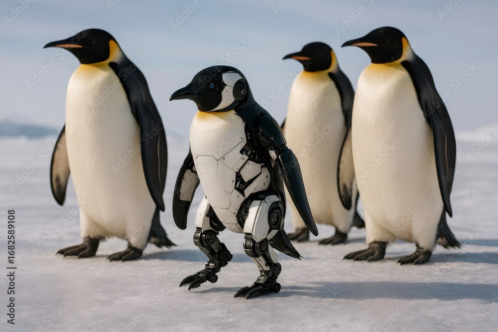 Fototapeta premium Bio inspired robot penguin walking on Antarctic ice with emperor penguins, exploring innovative solutions for wildlife observation and environmental monitoring