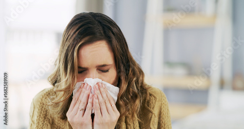 Tableau sur toile Tissue, blocked nose and woman in home with flu, hay fever or sick in recovery