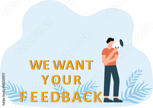 Getting feedback and man with megaphone from customer service. People satisfaction about service or product, online comments and ranking.
