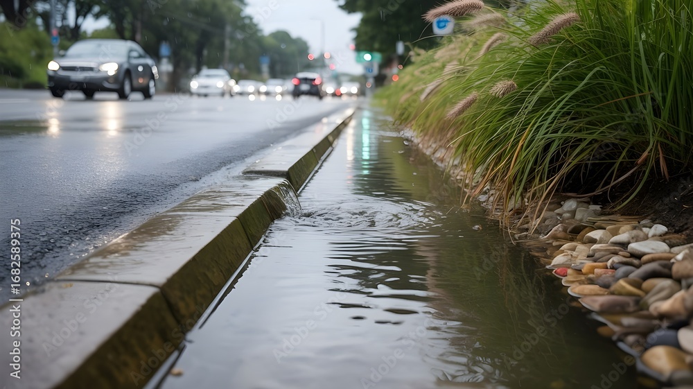Fototapeta premium Bioswale curb inlet capturing stormwater from street during rain, low wide