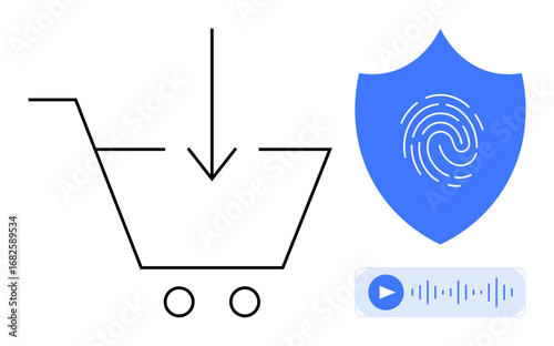 Shopping cart with arrow, shield displaying fingerprint, and audio wave with play button. Ideal for e-commerce, cybersecurity, authentication, innovation, technology, online payment convenience