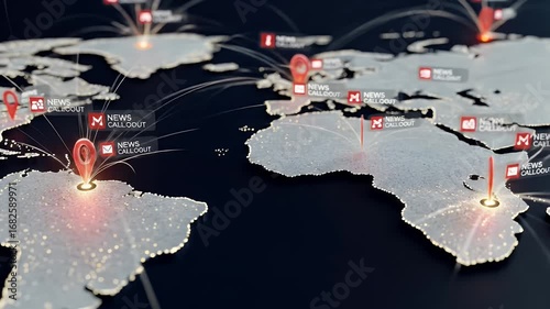 Breaking News World Map With Red Markers And Connection Lines Over Dark Background