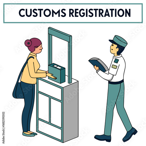 Customs Officer Concept – Passport Control, Airport Security Checkpoint, and Metal Detector Screening for Passenger Safety Flat Vector Illustration
