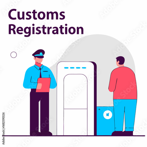 Customs Officer Concept – Passport Control, Airport Security Checkpoint, and Metal Detector Screening for Passenger Safety Flat Vector Illustration
