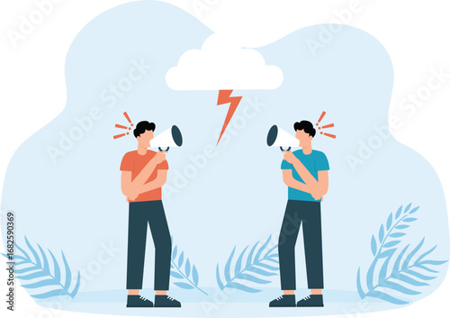 Businessman yelling and fighting. Misunderstanding in relationships and loudspeaker concept
