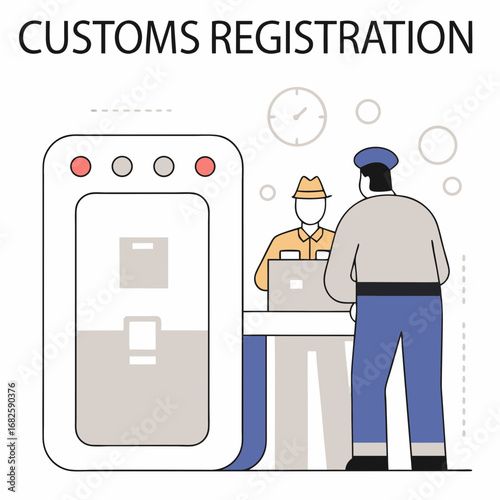 Customs Officer Concept – Passport Control, Airport Security Checkpoint, and Metal Detector Screening for Passenger Safety Flat Vector Illustration
