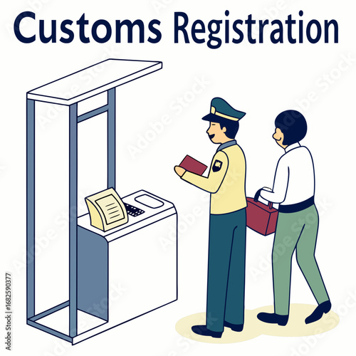 Customs Officer Concept – Passport Control, Airport Security Checkpoint, and Metal Detector Screening for Passenger Safety Flat Vector Illustration
