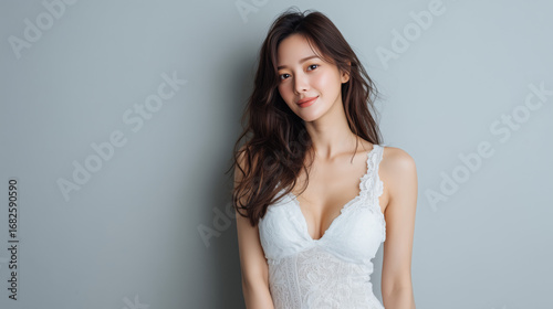 Woman in white lace top against a gray background wall