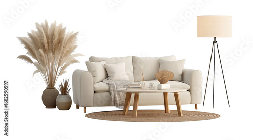  sofa, coffee table, and floor lamp with a cristmass tree  on a white background. scandinavian home interior design of a modern living room for a mockup stock photo. minimalist furniture, elegant