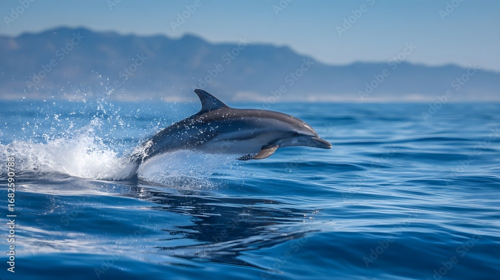 Fototapeta premium Dolphin jumping above blue ocean surface with water splash.