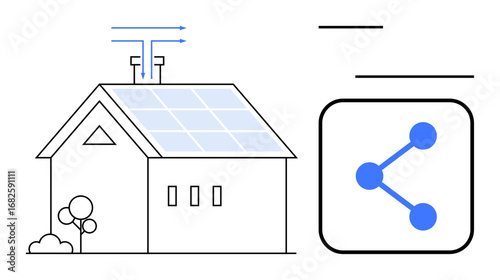 House with rooftop solar panels, vent pipes emitting air, trees nearby, and a digital connectivity icon. Ideal for renewable energy, smart home, sustainability, innovation, digital connectivity