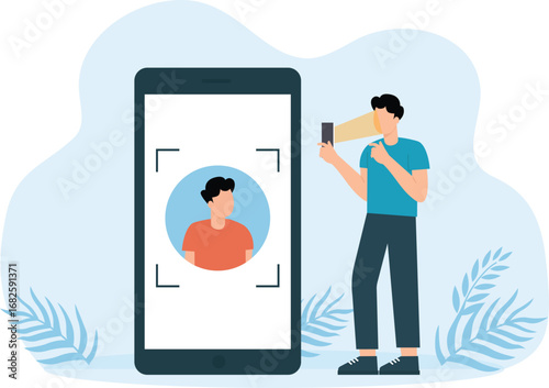 Men protect information on smartphones with passwords and codes. Fingerprint and face ID and digital and graphic sign. Verification and authentication concept
