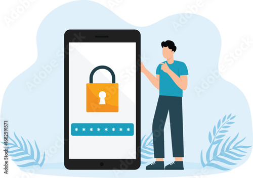 Men protect information on smartphones with passwords and codes. Fingerprint and face ID and digital and graphic sign. Verification and authentication concept
