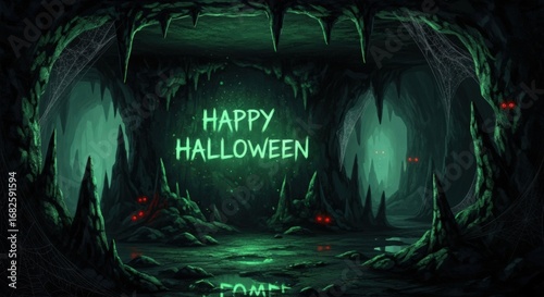 A spooky Halloween cave entrance with glowing Happy Halloween text and eerie red eyes, perfect for a scary and festive background