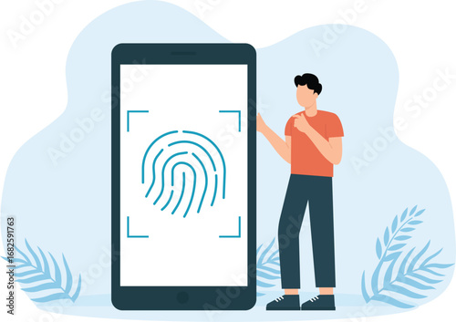 Men protect information on smartphones with passwords and codes. Fingerprint and face ID and digital and graphic sign. Verification and authentication concept
