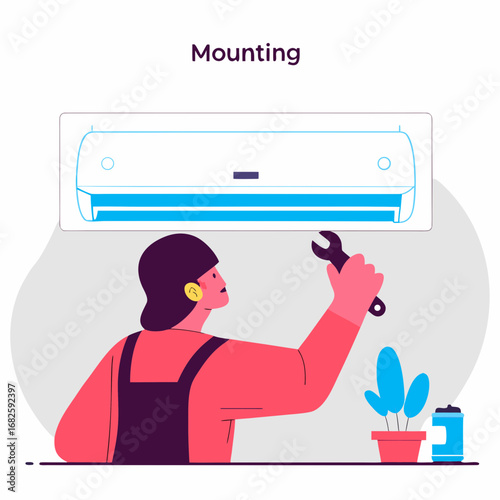 Air Conditioning Repair and Installation Service – Technician Installing, Examining, and Repairing Conditioner with Tools Flat Vector Illustration
