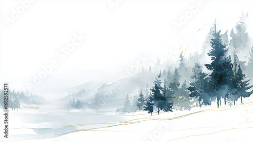 Christmas card template, minimalist watercolor snowy landscape with pine trees, soft pastel blue and white tones