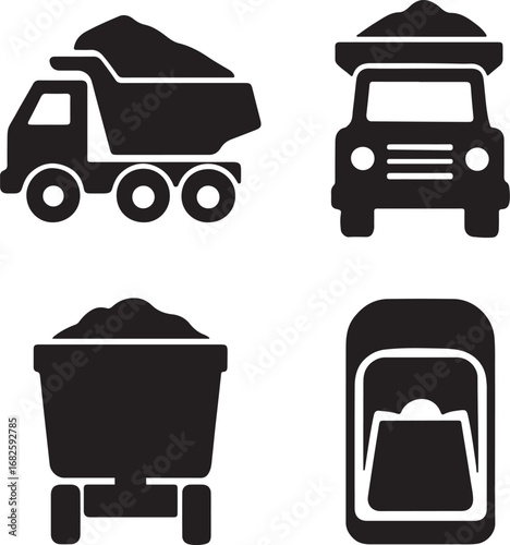 loaded dump truck silhouette icons set side, front, back, and top views vector art illustration