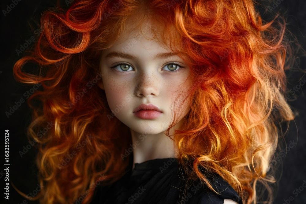 Studio portrait of young girl model showing voluminous, cascading, fiery red curls against a dark background Studio portrait of young girl model showing voluminous, cascading, fiery red curls against a dark background