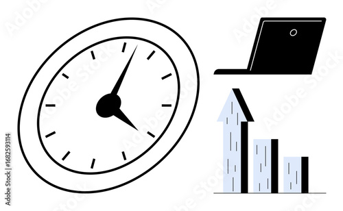 Clock symbolizing time, laptop representing work, and upward arrow chart showing progress. Ideal for productivity, efficiency, business growth, performance, success, strategy simple landing page
